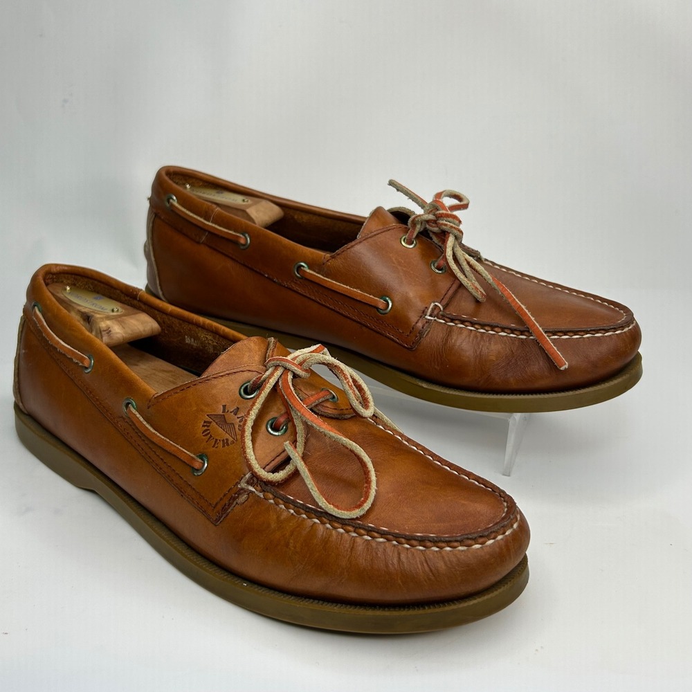 Land Rover Men 10 Tan Leather Hand-sewn Boat Shoes dock Loafers oiled Full grain